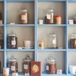 jars, herbs, shelves