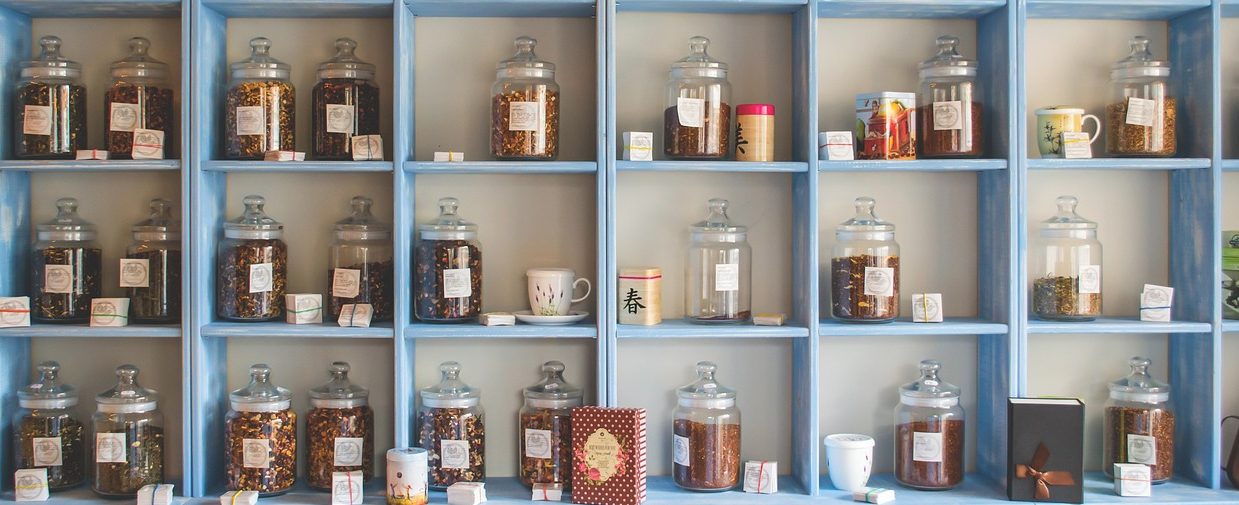 jars, herbs, shelves