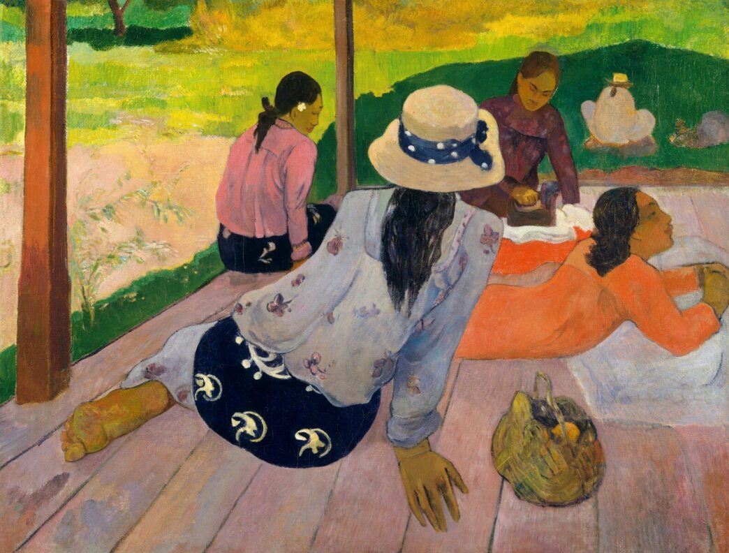 Colorful painting of women lounging on a porch.