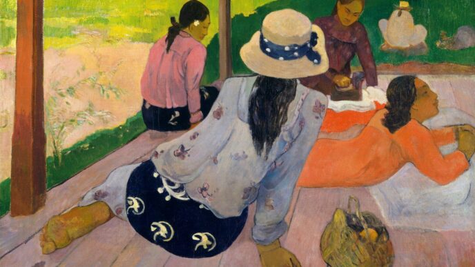 Colorful painting of women lounging on a porch.